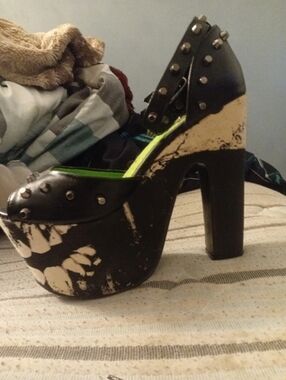 Chunky Goth Punk Studded Platform Heels - Monster Print & Neon - Size 8